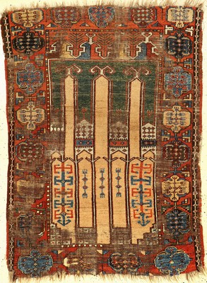 Konya Karapinar "Gebetsteppich" antik (Kamelwolle), Zentralanatolien, 1.Hälfte 19.Jhd., Wolle mit Kamelwolle geknüpft auf Wolle. ...
