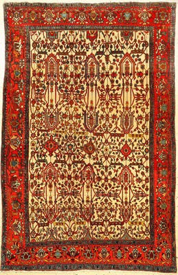 Feiner weißgrundiger Farahan antik, Westpersien, Ende 19.Jhd., Korkwolle geknüpft auf Baumwolle. Ein Blütenrankwerk in kunstvoll feiner Anordnung ...