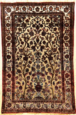 Feiner metallbroschierter Seiden Keschan "Souf" antik (Lebensbaum-Vasen Design), Zentralpersien, 19.Jhd., reine Naturseide geknüpft auf ...