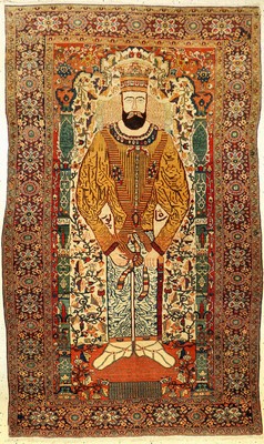 Seltener Farahan "Bildteppich" antik (Sassanidenherrscher Schapur I.), Westpersien, 19.Jhd., Wolle geknüpft auf Baumwolle. Rarer Farahan ...