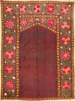 Seiden Shakhrisyabz "Susani" antik, Usbekistan, 19.Jhd., Seidenstickerei auf violetten Seiden-Ikat. Seltene feine Shakhrisyabz Susani im ...