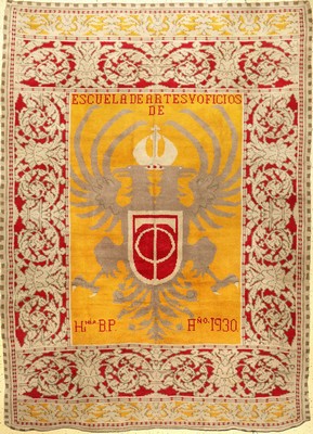 Großer spanischer "Wappen-Teppich" alt (Signiert: Escuela De Artes Y Oficios "Hi Ni.O. B.P.", Ano 1930), Spanien, um 1930 ...