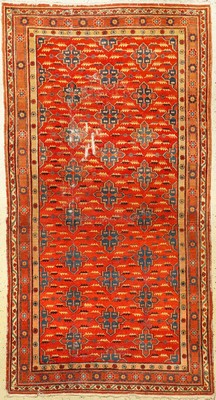 Seltener Khotan antik, Ostturkestan, Ende 19.Jhd., Wolle geknüpft auf Baumwolle. Seltenes Rapport Muster auf orangeroten Grund. Typische Khotan ...