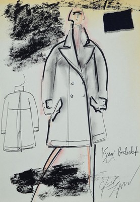 Karl Lagerfeld, 1933-2019, Hamburg, Modeskizze Regenmantel, Filzstift auf dünnem Papier, handsign., teils mit Notizen versehen, Stoffmuster ...