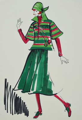 Karl Lagerfeld, 1933-2019, Modezeichnung, Filzstift auf Papier, ca. 29,5x21 cm, Zeichnung auf dickem Papier montiert, Blatt ca. 51x34 cm, Fleck am ...