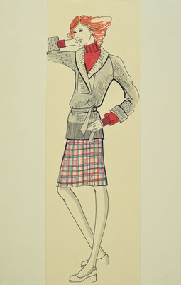 Karl Lagerfeld, 1933-2019, Modezeichnung, Filzstift, Aquarell auf Papier, ca. 51x17,5 cm, Zeichnung auf dickem Papier montiert, Blattgr. 51x34 cm, ...
