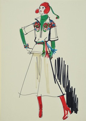 Karl Lagerfeld, 1933-2019, Modezeichnung, Filzstift auf Papier, ca. 30x21 cm, Zeichnung auf dickem Papier montiert, Blattgr. 51x34 ...