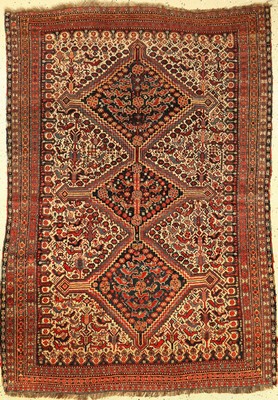 Khamseh antik, Persien, um 1890, Wolle auf Wolle, ca. 188 x 135 cm, Chicken-Typus, selten, EHZ: 3-4