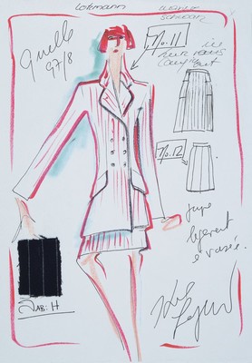 Karl Lagerfeld, 1933-2019, 2 Modeskizzen, Filzstift auf dünnem Papier, eines handsign., teils mit Notizen versehen, je. 29,5x21 cm mit Stoffmuster