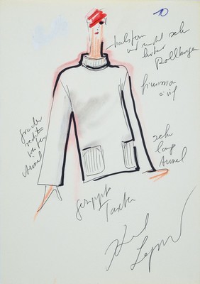 Karl Lagerfeld, 1933-2019, Konvolut aus 2 Modeskizzen, Filzstift auf dünnem Papier, eines handsign., teils mit Notizen und Stoffmuster versehen, je ...