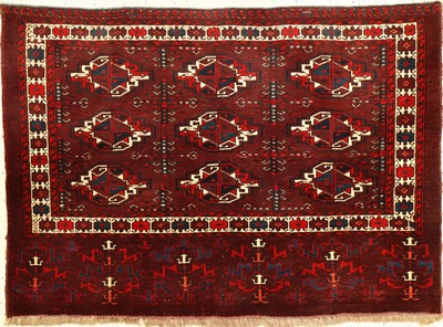 Karadaschli "Tschowal" antik, Turkmenistan, 19.Jhd., Wolle geknüpft auf Wolle. Seltene Tschowal mit neun Karadaschli-Güls und ...