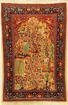 Feiner gelber Keschan antik (Paradies-Lebensbaum), Zentralpersien, um 1900, Korkwolle geknüpft auf Baumwolle. Seltener Keschan mit kunstvollen und ...