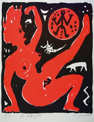 A.R. Penck, 1939-2017, Farbserigraphie, handsigniert und num. 74/90, bez. "für Bitterfeld", ca. 88 x 75 cm, Rahmen: 93 x 65.5 cm