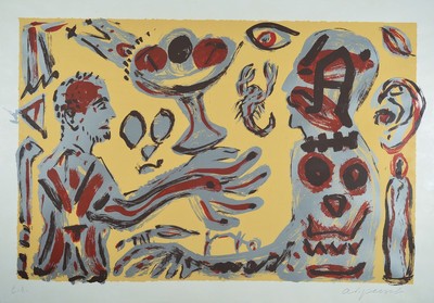 A.R. Penck, 1939 - 2017, Farbserigraphie auf dünnem Karton, handsigniert und bez. e.a., Blattgröße 70 x 100 cm, Rahmen: 71 x 101 cm