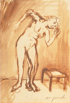 A.R. Penck, 1939- 2017, Frauenakt beim Haare auswringen und kleiner Hocker, Aquarell/liniertem Papier, Skizze, handsigniert, 29.5 x 21 cm, unter ...