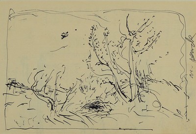 A.R. Penck, 1939-2017, Tuschfederzeichnung/Skizze, Landschaft mit Baum und Busch, seitlich handsigniert, auf Papier, 20.5 x 29 cm, 40.5 x 53.5 cm, ...