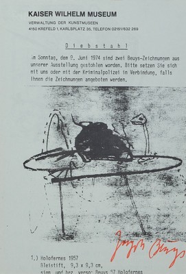 Joseph Beuys, 1921-1996, Diebstahl, Offset, handsigniert, anlässlich Diebstahlsuche Kaiser Wilhelm Museum Krefeld, vgl. Schellmann/Klüser 156, Ed. ...