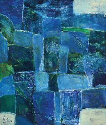 Lucien Sotto, zeitgenössischer italienischer Künstler, Abstrakte Komposition in Blau, Öl/Hartfaser, links unten sign., Rahmen, gesamt ca. 83x72 cm