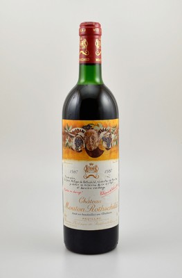 1 Flasche 1987 Chateau Mouton Rothschild, Pauillac, Premier Grand Cru Classe, ca. 75 cl, 12 % Vol., Füllstand: ca. into neck, unverkostet, sehr ...