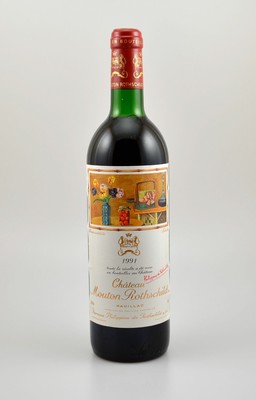 1 Flasche 1991 Chateau Mouton Rothschild, Pauillac, Premier Grand Cru Classe, ca. 75 cl, 12,5 % Vol., Füllstand: ca. top shoulder, sehr guter ...