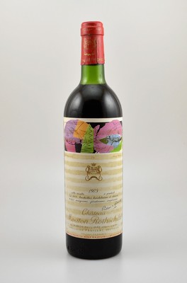 1 Flasche 1975 Chateau Mouton Rothschild, Pauillac, je ca. 75 cl, Füllstand: ca. top shoulder, Etikett beschmutzt, unverkostet, Künstleretikett von ...