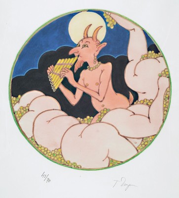 Tomi Ungerer 1931-2019, Farblithografie, handsign., num. 43/70, Motiv runt Durchmesser 42, unter Glas gerahmt ca. 74x54 cm