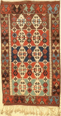 Konya "Kelim" antik (Elibelinde Muster), Zentralanatolien, 19.Jhd., Wolle gewebt auf Wolle. Seltener kleiner Konya-Kelim mit Naturfarben, ...