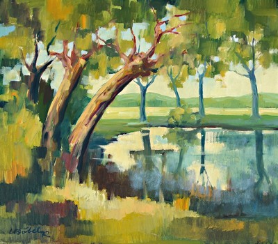 Hermann Böbel, 1918 Ingolstadt-1990 München,Bäume am Teich, Öl/Lwd, links unten signiert und dat. 72, ca. 70x80cm, R.