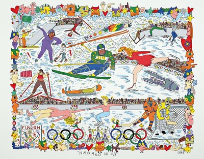 James Rizzi, 1950-2011, "Nagano in 98", Farblithografie, dat. 1998, Blatt ca. 39,5x 48 cm