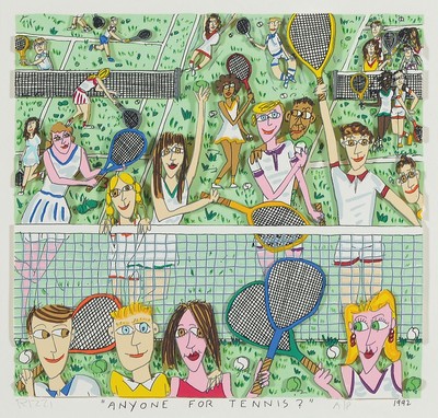 James Rizzi, 1950-2001, 3D Lithographie, Anyone for Tennis?, handsigniert und datiert 1992, unter Glas gerahmt, ca. 27x26cm/ ca. 42x44cm
