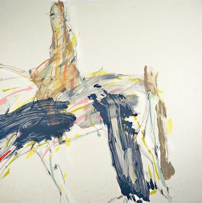Ernst Wolf, geb. 1948, Stuttgarter Künstler,Pferd und Reiterin, Mischtechnik (Gouache und Bunt- und Bleistift) auf Holz, links unten signiert und ...