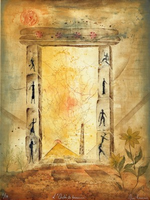 René Carcan, 1925-1993, L'Aube de lumiere, Farbaquatintaradierung, handsigniert, betitelt und num. 23/99, ca. 98x73cm, PP, u.Gl., R. ca. ...