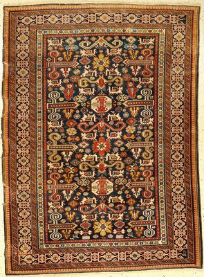 Perepedil antik, Ostkaukasus, Ende 19.Jhd.,Wolle geknüpft auf Wolle. Feiner Perepedil mitindigoblauen Grund, ca. 178 x 131 cm, EHZ: (Alters und ...