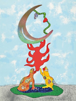 Niki de Saint Phalle, 1930-2002, Ohne Titel,Farblithographie mit Metallfoliendruck, handsigniert und num. XXII/XXV, ca. 75x56cm, PP, u.Gl., R. ca. ...