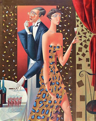 Georgy Kurasov, 1958 St. Petersburg, Titel: AUTUMN COCKTAIL, Graphik, Paar, num. 55/195, aufwendig, vergoldete Rahmung, unten rechts signiert, ca. 96 ...