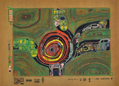 Friedensreich Hundertwasser, 1928-2000, Kreisverkehr, 647/3000, Farbserigraphie mit Metallfolienprägung, ca. 49x 67 cm,unter Glas