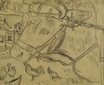 Karl Hubbuch, 1891-1979 Karlsruhe, Kopf einer Kuh, im Hintergrund Federvieh und Bauernhof, Bleistiftzeichnung auf grau-braunem Papier, rückseitig ...