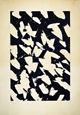 Günther Uecker, Splitter, Kombination aus, Präge-druck mit Nägeln und Lithographie,, schwarz weiß, num. 43/70, handsigniert und dat. 92, Papier ...