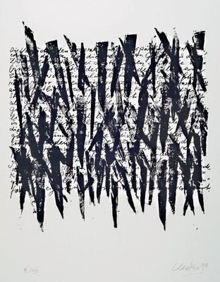 Günther Uecker, geb. 1930, Wort-Schrift-Zeichen, Grafik, signiert und, dat. 99, num. III/XXX, 74.5 x 55 cm, unter Glas, Rahmen: 81 x 61 cm