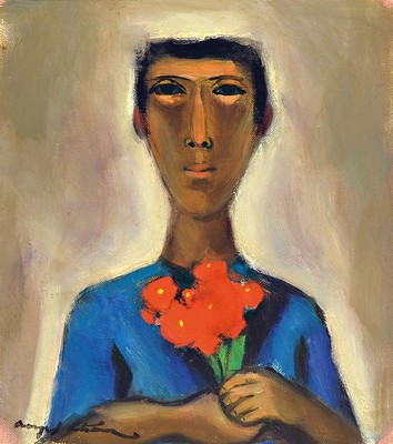 Angel Chavez, 1929-1995, Porträt eines jungen Mannes, mit Mohn-Blumen in der Hand, unten links signiert, Öl/Platte, ca. 23.5 x 21 cm, R. 39.5 x 36 ...