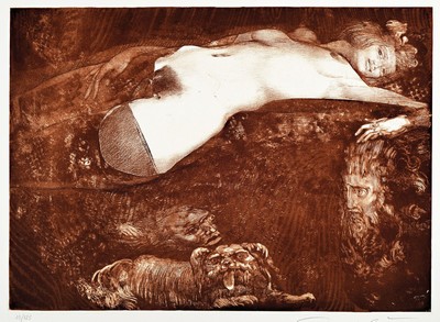Ernst Fuchs, 1930-2015, Salome, Aquatintaradierung in drei Farben, handsigniert, num. 15/125, ca. 60x80cm