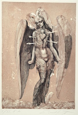 Ernst Fuchs, 1930-2015, Ikarus Hermaphrodit,Aquatintaradierung, handsigniert, num.: V/XX E.A., ca. 48x34cm, ausserhalb der Darstellung am unteren ...