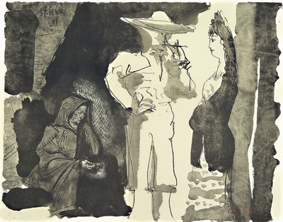 Pablo Picasso, 1881-1973, Picador et Femme, Lichtdruck von 1960 auf Velins von Arches nach einer lavierten Federzeichnung aus dem Portfolio Toros, ...