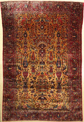 Gelber Seiden Keschan antik, Persien, 19.Jhd., reine Naturseide, ca. 200 x 132 cm, EHZ: 3, (Genähte Risse)