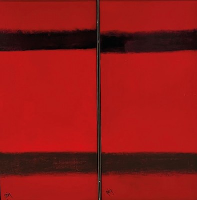 Gaston Gale, zeitgenössischer Belgischer Künstler, 2 Pendants in Rot, Öl/Lwd, links unten sign., je sign., 102x51 cm, Leisten, beide Pendants ...