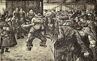 Heinrich Zille, 1858-1929, Ringkampf in der Schaubude, Lithografie, re. u. num. 40/100, ca., knicke zusehen , Motiv ca. 12,5x20 cm, gesamt ca. 55x39 ...