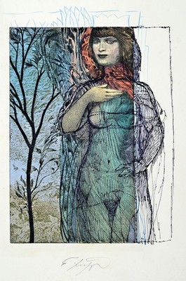 Ernst Fuchs, 1930-2015, Mit Bleistift und Farbstift überarbeitete Aquatinta auf Bütten, sign., ca. 42,5x33,5, Flecken zusehen