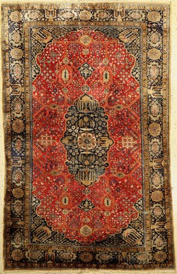 Seiden Ghom alt, Persien, ca. 50 Jahre, reine Naturseide, ca. 208 x 132 cm, Hadji-Khanumi Design, EHZ: 5, Risse, verfärbt,Morsch