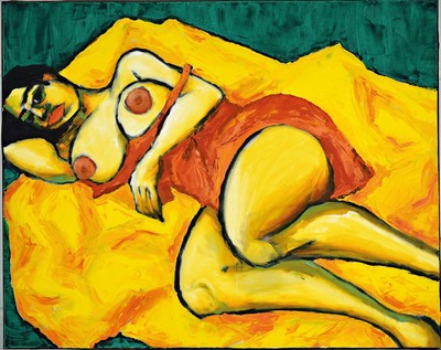 Gernot Kissel Zuschreibung, 1939-2008, liegender Frauenakt vor grünem Hintergrund, unsigniert, ca. 80 x 100 cm, stammt aus dem Atelier des Künstlers