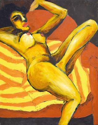 Gernot Kissel Zuschreibung, 1939-2008, liegender Frauenakt auf rotem Sessel, unsigniert, ca. 100 x 80 cm, stammt aus dem Atelier des Künstlers